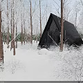 Snowy Forest Single Family House With Triangular Roof Glass Walls And Warm Lights