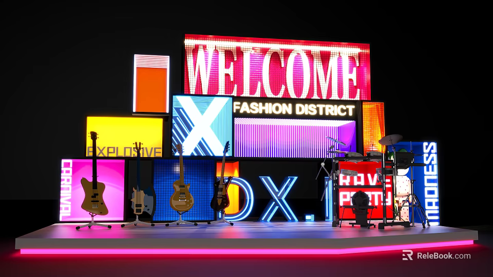 Vibrant Stage Setup With LED Screens Guitars Welcome Fashion District And Love Fitness Signs 3d model 