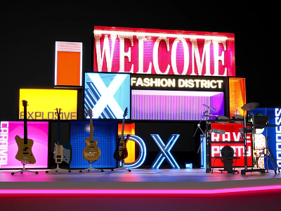 Vibrant Stage Setup With LED Screens Guitars Welcome Fashion District And Love Fitness Signs 3d model