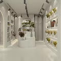 Minimalist White Boutique Store Interior With Green Plants Arched Shelves And Circular Display Stands