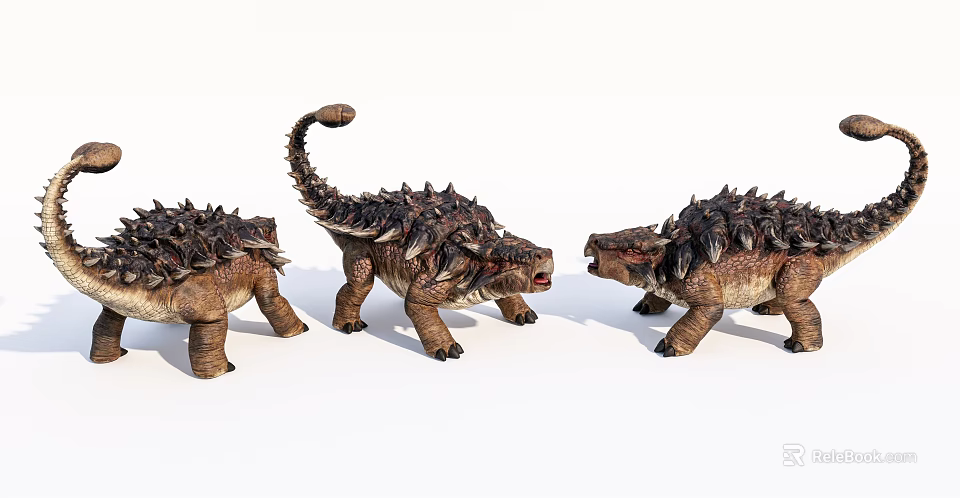 Three Spiked Armored Reptile Dinosaurs Standing Together On White Background 3d model 