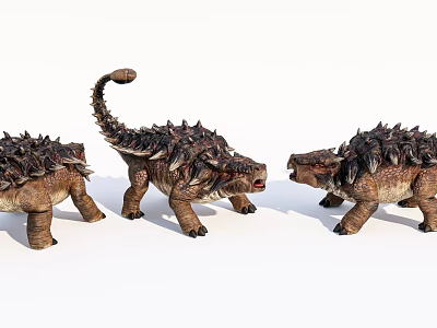 Three Spiked Armored Reptile Dinosaurs Standing Together On White Background 3d model