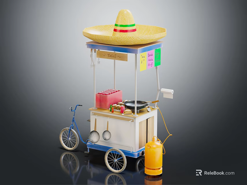 Mexican Street Food Cart With Sombrero Top Bicycle Wheels And Cooking Equipment 3d model 
