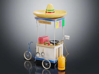 Mexican Street Food Cart With Sombrero Top Bicycle Wheels And Cooking Equipment 3d model