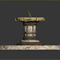 Scenic Outdoor Landscape With Ancient Sundial On Stone Base And Golden Decorations