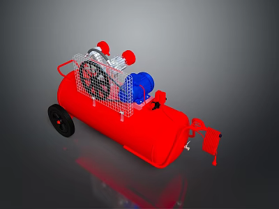Red Air Compressor Tank With Wheels Blue Components And Metal Mesh Guard 3d model