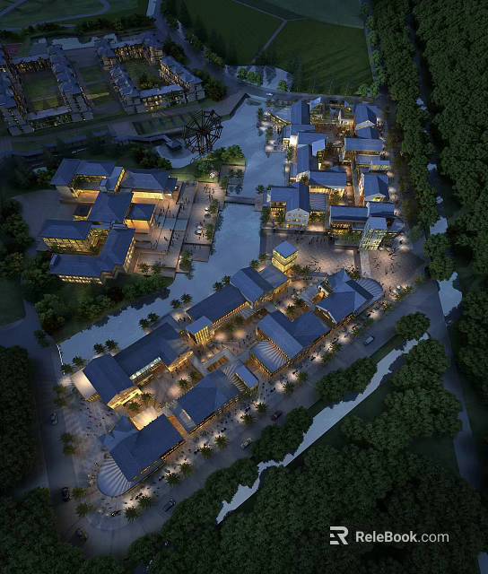 Aerial View Plan of Waterfront Development with Illuminated Buildings and Greenery 3d model 
