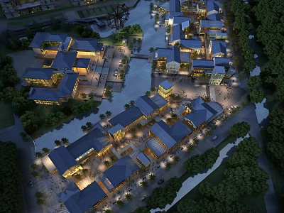 Aerial View Plan of Waterfront Development with Illuminated Buildings and Greenery 3d model