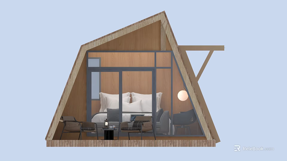 Triangular Wooden House Interior With Large Windows Bed Chairs And Hanging Lamp 3d model