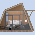 Triangular Wooden House Interior With Large Windows Bed Chairs And Hanging Lamp 3d model