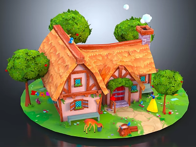 Cartoon Scene Featuring Thatched Roof House Pink Walls Green Trees Pathway Deer And Colorful Flags 3d model