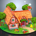 Cartoon Scene Featuring Thatched Roof House Pink Walls Green Trees Pathway Deer And Colorful Flags