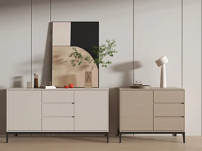 Modern Entryway And Side Cabinets Featuring Light Finish Artwork Potted Plant And Table Lamp 3d model