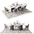 Modern Dining Table Set With Gray Beige Chairs And Decorative Tableware On Patterned Rug 3d model