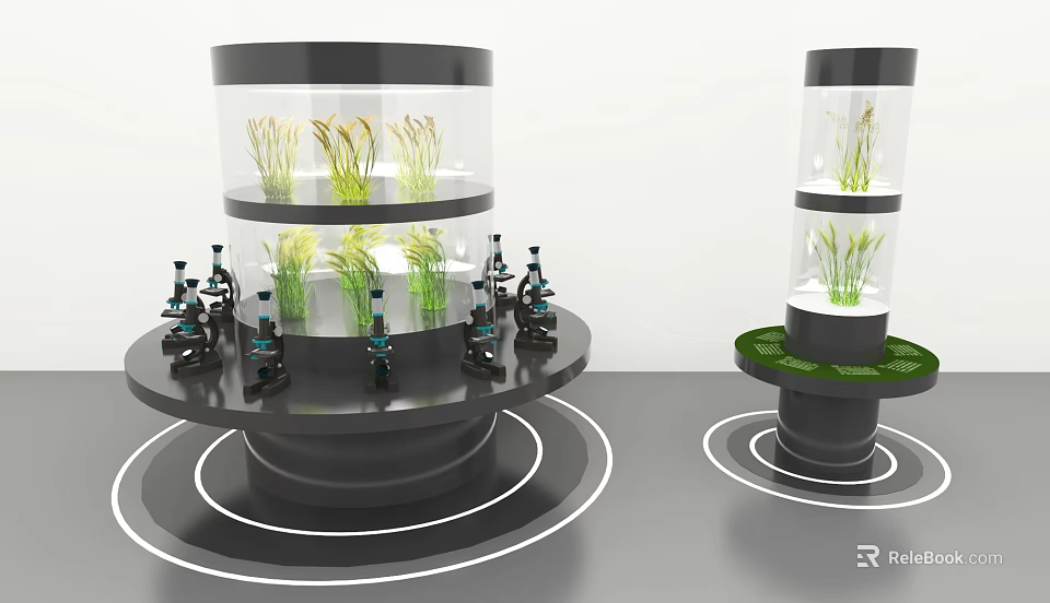 Agricultural Exhibition Hall Featuring Cylindrical Display Units With Plants And Microscopes 3d model 