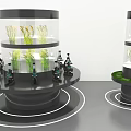 Agricultural Exhibition Hall Featuring Cylindrical Display Units With Plants And Microscopes