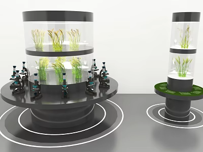 Agricultural Exhibition Hall Featuring Cylindrical Display Units With Plants And Microscopes 3d model