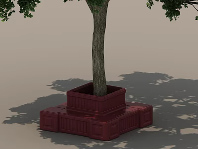 Modern Red Outdoor Chair With Square Tree Planter And Natural Sun Shade 3d model