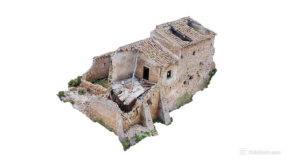 Ancient Ruined Stone Building With Damaged Roof Collapsed Walls And Weeds 3d model 