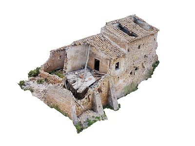 Ancient Ruined Stone Building With Damaged Roof Collapsed Walls And Weeds 3d model