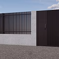 Black Vertical Slats Fence With Gray Wall Black Door On Gravel Ground Under Blue Sky