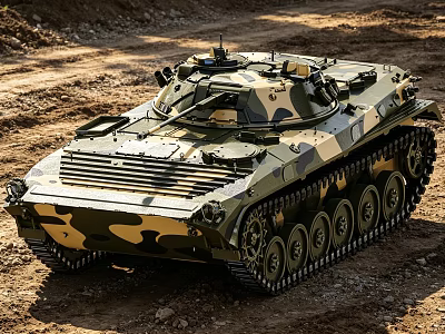 Military Camouflage Tank With Turret And Tracked Design In Muddy Terrain 3d model