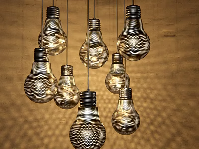 Stylish Bulb Shaped Pendant Lights With Perforated Metal Design And Wooden Background Light Patterns 3d model
