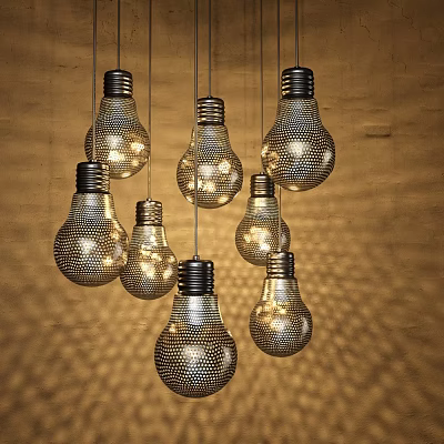 Stylish Bulb Shaped Pendant Lights With Perforated Metal Design And Wooden Background Light Patterns 3d model