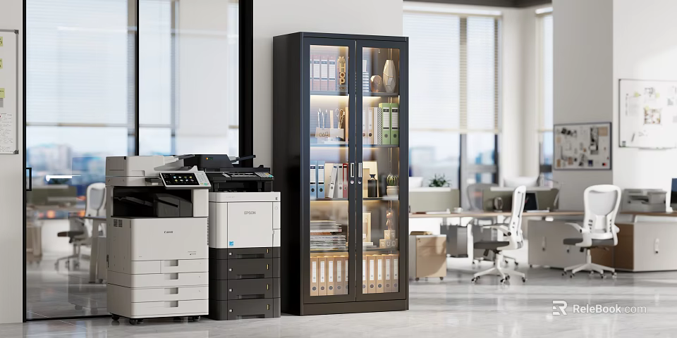 Modern Office Interior With Glass Door Cabinet Printers Files And Windows 3d model 