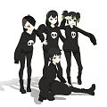 Anime Style Women In Black Hoodies With Skull Prints Standing Together