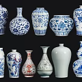 Traditional Decorative Ceramic Vessels With Blue And White Patterns And Various Shapes