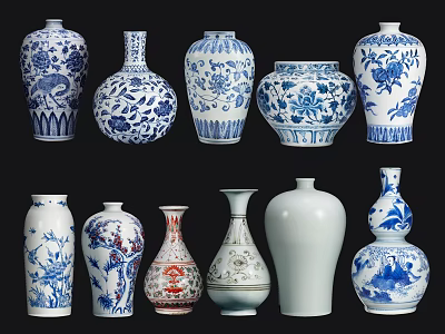 Traditional Decorative Ceramic Vessels With Blue And White Patterns And Various Shapes 3d model
