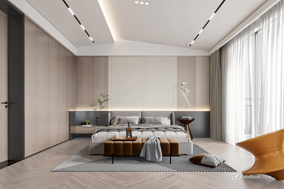 Modern Bedroom Interior Design With King Bed Nightstand Herringbone Rug Accent Chair And Ceiling Lights 3d model 