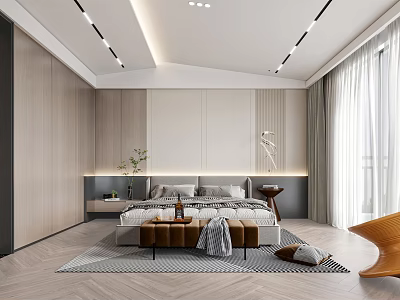 Modern Bedroom Interior Design With King Bed Nightstand Herringbone Rug Accent Chair And Ceiling Lights 3d model