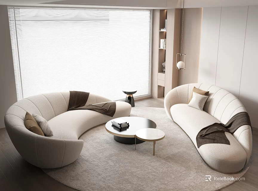 Modern Curved Beige Sofa and Round Coffee Table Set with Pillows Throw Blanket and Rug 3d model 