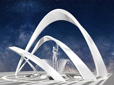 Modern White Sculpture Featuring Curved Structure And Fountain Against Starry Sky 3d model