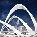 Modern White Sculpture Featuring Curved Structure And Fountain Against Starry Sky