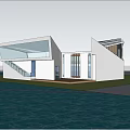 Modern White Museum Building With Geometric Roof Glass Windows And Wooden Grille On Lawn