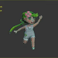 Game and Movie Character Running Smiling With Green Hair Pigtails Pink Flower And Blue Overalls