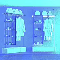 Modern Gold Frame Storage Shelf with Stacked Towels Bottles and Hanging Bathrobe and White Cabinet
