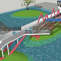 Modern Landscape Bridge With Red Zigzag Structure Over Water And Green Grass 3d model
