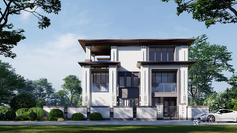Modern Two Story Detached Villa With Large Glass Windows And Green Surroundings 3d model 