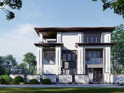 Modern Two Story Detached Villa With Large Glass Windows And Green Surroundings 3d model