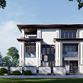 Modern Two Story Detached Villa With Large Glass Windows And Green Surroundings