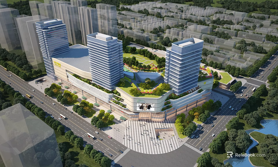 Modern Commercial Complex Featuring High Rise Buildings Rooftop Gardens and Public Plaza 3d model 