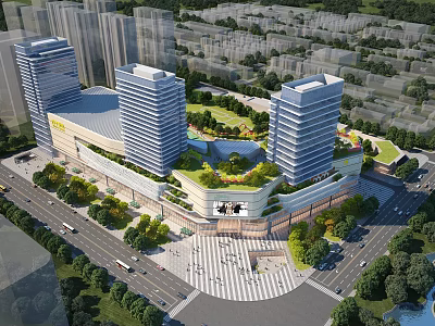 Modern Commercial Complex Featuring High Rise Buildings Rooftop Gardens and Public Plaza 3d model