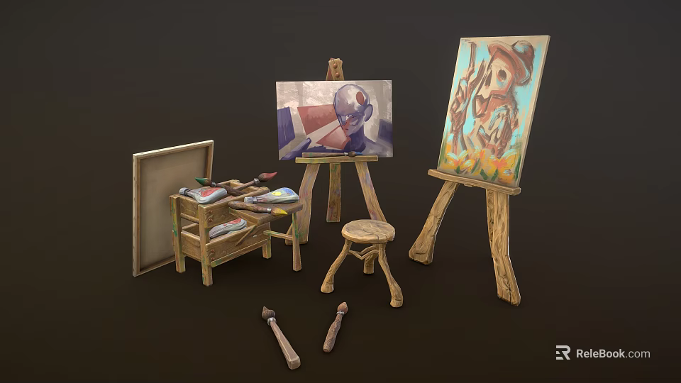 Wooden Artist Painting Supplies With Easels Canvas Brushes Paints And Stools 3d model 