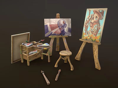 Wooden Artist Painting Supplies With Easels Canvas Brushes Paints And Stools 3d model