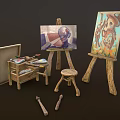 Wooden Artist Painting Supplies With Easels Canvas Brushes Paints And Stools