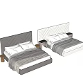 Double Bed with Diamond Tufted Headboard White Gray Soft Pillows and Blanket 3d model